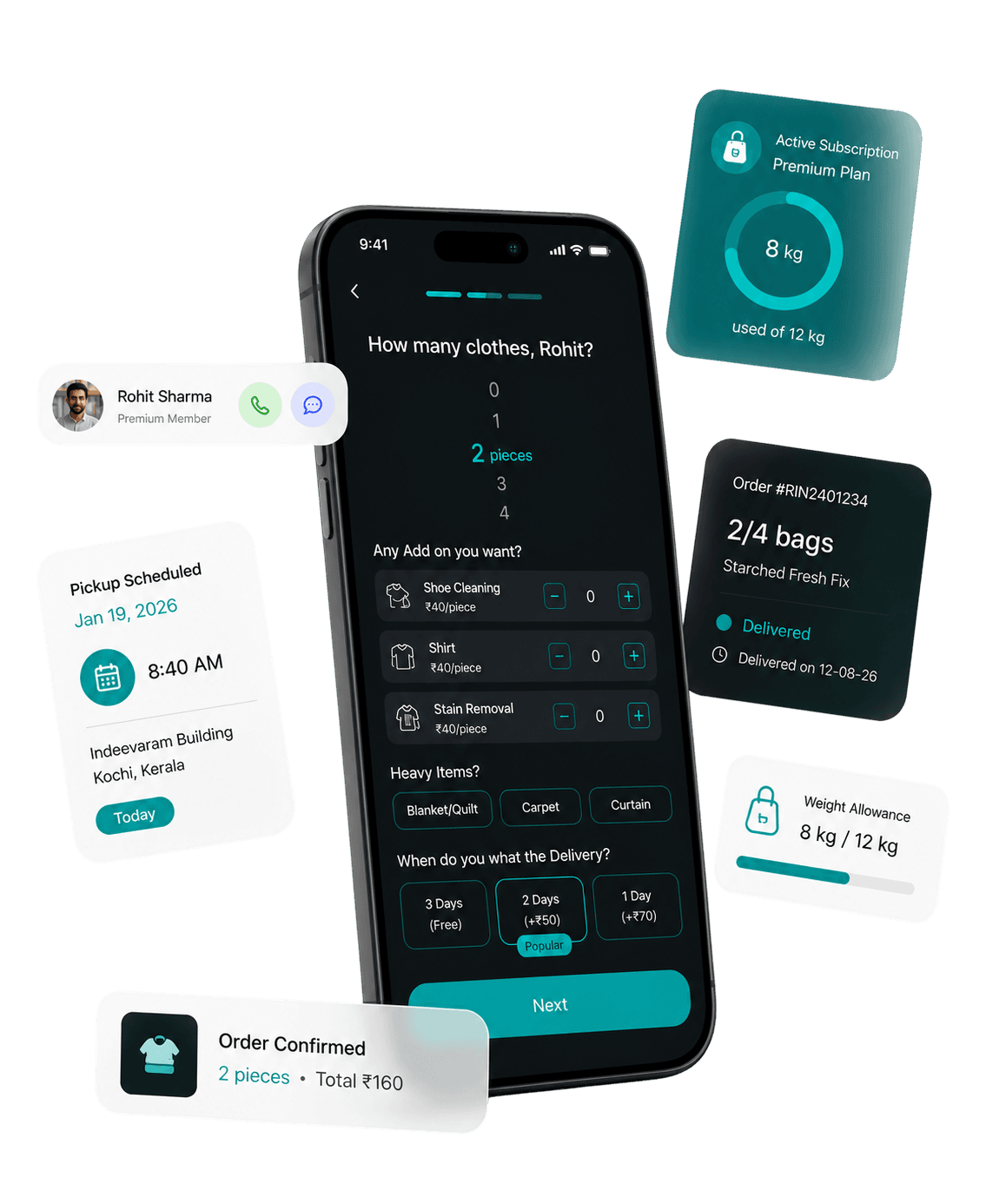 The RINSR booking screen asking how many clothes, surrounded by pickup, subscription and order confirmation cards