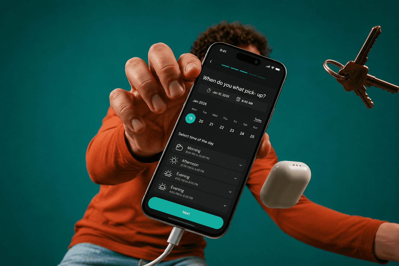 A person reaching out with a phone showing the RINSR pickup scheduler