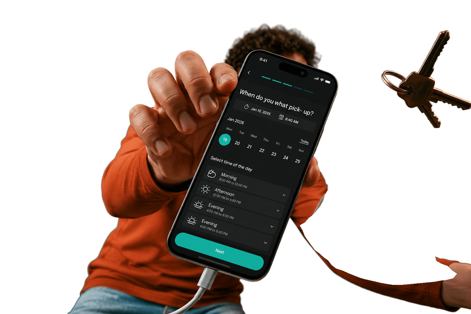 A person reaching out with a phone showing the RINSR pickup scheduler, with a calendar and time-of-day slots
